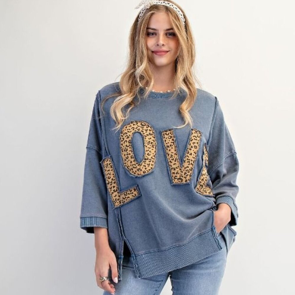 E15 Easel Leopard Love Patch Washed Terry Pullover Plus Size